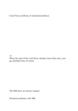 Cash Flows (millions of Australian dollars)
13
When the sign of the cash flows changes more than once, you
get multiple rates of return
The IRR does not always unique!
Potential problems with IRR
 