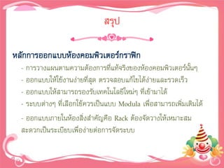 สรุป

หลักการออกแบบห้องคอมพิวเตอร์กราฟิก
  - การวางแผนตามความต้องการที่แท้จริงของห้องคอมพิวเตอร์นนๆ  ั้
  - ออกแบบให้ใช้งานง่ายที่สุด ตรวจสอบแก้ไขได้ง่ายและรวดเร็ว
  - ออกแบบให้สามารถรองรับเทคโนโลยีใหม่ๆ ที่เข้ามาได้
  - ระบบต่างๆ ที่เลือกใช้ควรเป็นแบบ Modula เพื่อสามารถเพิ่มเติมได้
  - ออกแบบภายในห้องสิ่งสาคัญคือ Rack ต้องจัดวางให้เหมาะสม
  สะดวกเป็นระเบียบเพื่อง่ายต่อการจัดระบบ
 