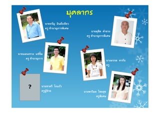 บุคลากร
                     นายจรัญ อินต๊ะเขียว
                     ครู ชํานาญการพิเศษ
                                                 นายดุสิต คํายวง
                                             ครู ชํานาญการพิเศษ



นายแมนสรวง แซ่ซิ'ม
     ครู ชํานาญการ                                             นางมรกต ทากัน
                                                               ครู




       ?         นายชาตรี โถแก้ว
                 ครูผูช่วย
                      ้                    นางพรวิมล ไชยสุข
                                                    ครูพิเศษ
 