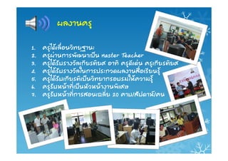 ผลงานครู

1.   ครูไดเลื่อนวิทยฐานะ
2.   ครูผานการพัฒนาเปน Master Teacher
3.   ครูไดรับรางวัลเกียรติยศ อาทิ ครูดีเดน ครูเกียรติยศ
4.   ครูไดรับรางวัลในการประกวดผลงานสื่อเรียนรู
5.   ครูไดรับเกียรติเปนวิทยากรอบรมใหความรู
6.   ครูรับหนาที่เปนหัวหนางานพิเศษ
7.   ครูรับหนาที่การสอนเฉลี่ย 20 คาบ/สัปดาห/คน
 