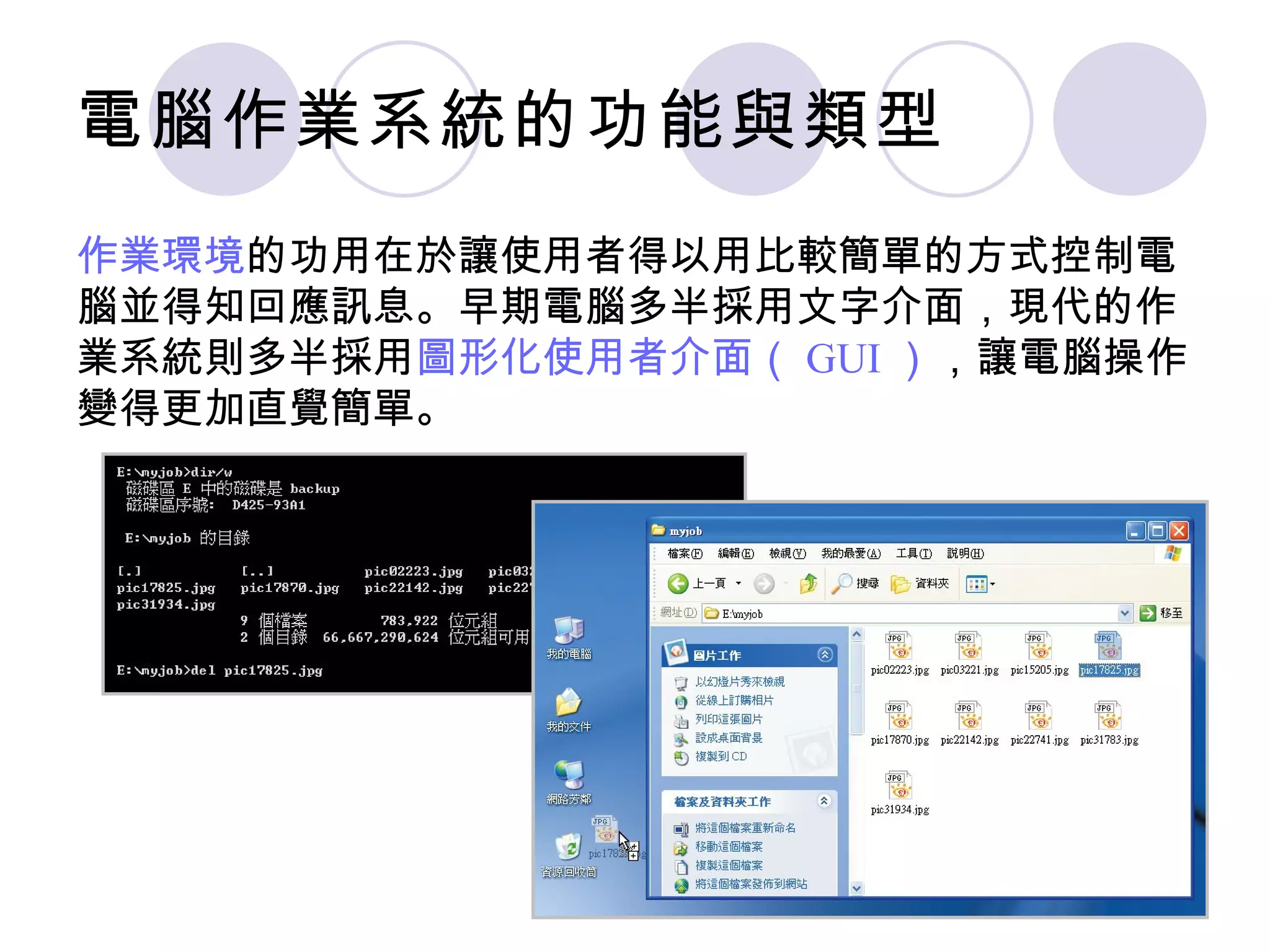 電腦作業系統的功能與類型
作業環境的功用在於讓使用者得以用比較簡單的方式控制電
腦並得知回應訊息。早期電腦多半採用文字介面，現代的作
業系統則多半採用圖形化使用者介面（ GUI ），讓電腦操作
變得更加直覺簡單。
 