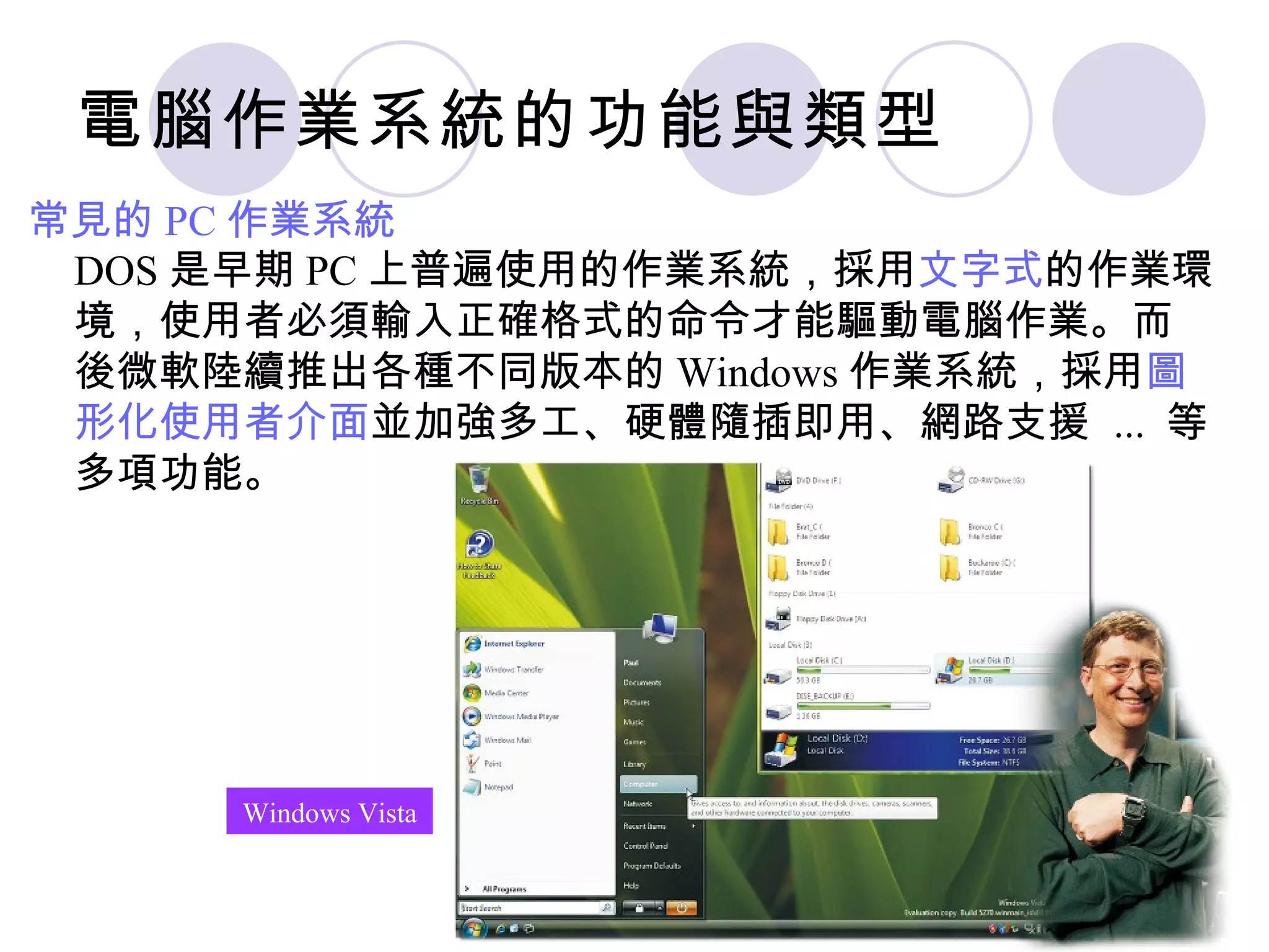 電腦作業系統的功能與類型
常見的 PC 作業系統
 DOS 是早期 PC 上普遍使用的作業系統，採用文字式的作業環
 境，使用者必須輸入正確格式的命令才能驅動電腦作業。而
 後微軟陸續推出各種不同版本的 Windows 作業系統，採用圖
 形化使用者介面並加強多工、硬體隨插即用、網路支援 ... 等
 多項功能。




     Windows Vista
 