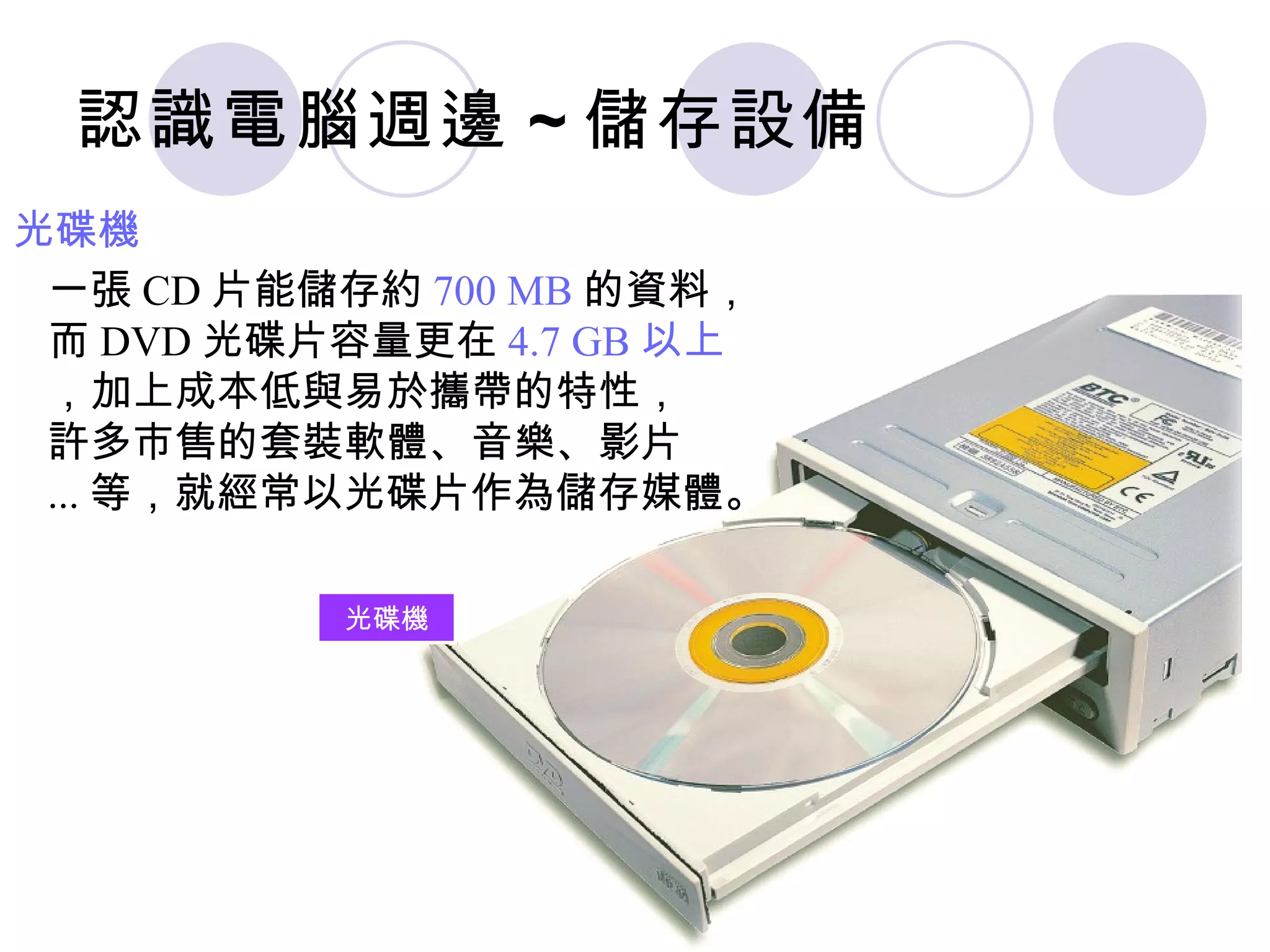 認識電腦週邊 ~ 儲存設備
光碟機
 一張 CD 片能儲存約 700 MB 的資料，
 而 DVD 光碟片容量更在 4.7 GB 以上
 ，加上成本低與易於攜帶的特性，
 許多市售的套裝軟體、音樂、影片
 ... 等，就經常以光碟片作為儲存媒體。

          光碟機
 