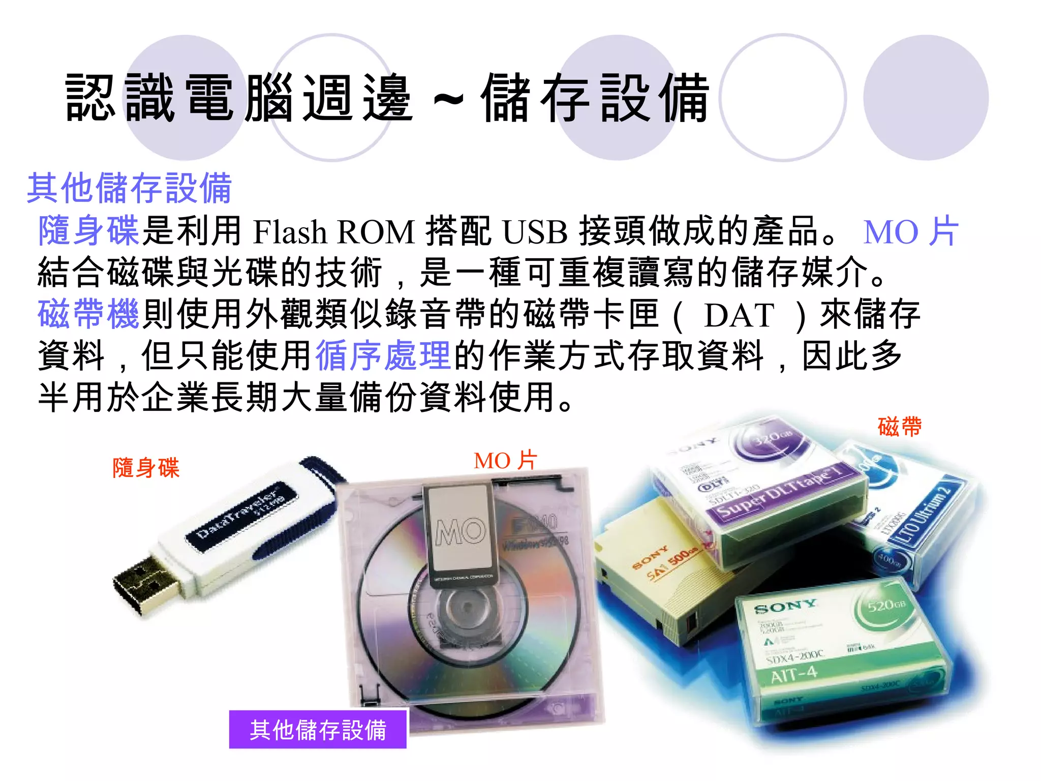 認識電腦週邊 ~ 儲存設備
其他儲存設備
隨身碟是利用 Flash ROM 搭配 USB 接頭做成的產品。 MO 片
結合磁碟與光碟的技術，是一種可重複讀寫的儲存媒介。
磁帶機則使用外觀類似錄音帶的磁帶卡匣（ DAT ）來儲存
資料，但只能使用循序處理的作業方式存取資料，因此多
半用於企業長期大量備份資料使用。
                                 磁帶
   隨身碟            MO 片




         其他儲存設備
 