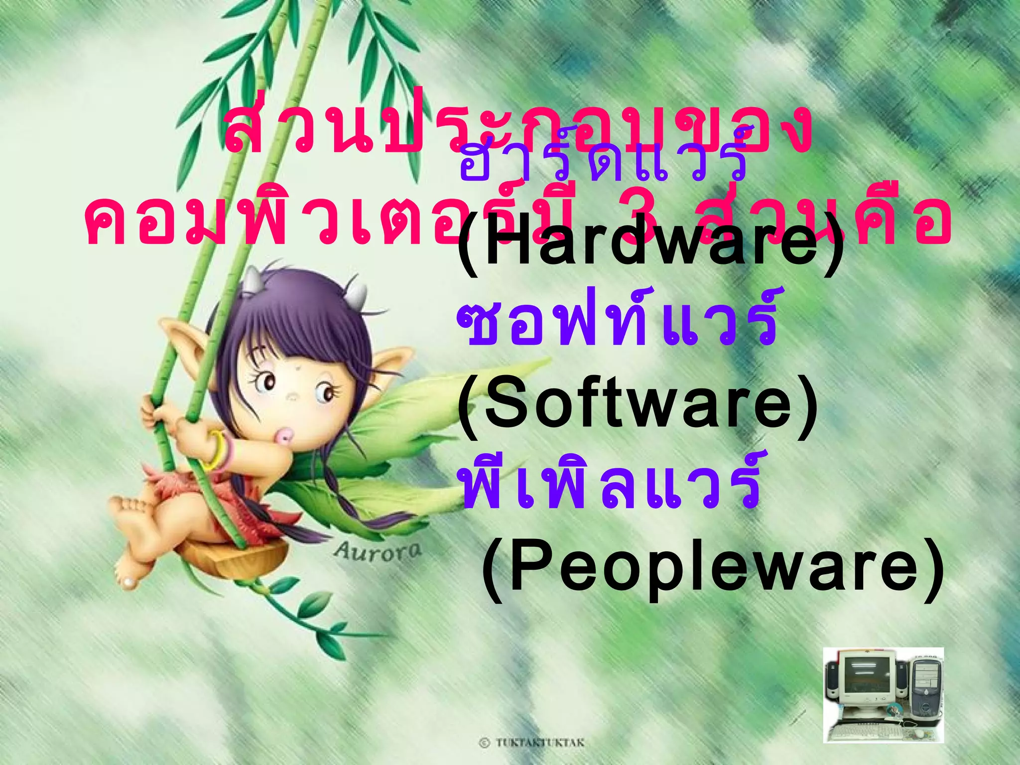 ส่ ว นประกอบของ
           ฮาร์ ด แวร์
คอมพิ ว เตอร์ ม ี 3 ส่ ว นคื อ
           (Hardware)
            ซอฟท์ แ วร์
            (Software)
            พี เ พิ ล แวร์
             (Peopleware)
 
