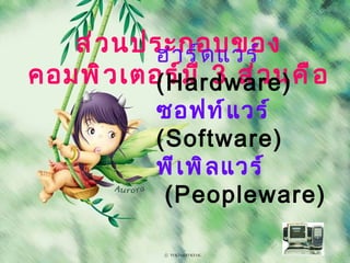 ส่ ว นประกอบของ
           ฮาร์ ด แวร์
คอมพิ ว เตอร์ ม ี 3 ส่ ว นคื อ
           (Hardware)
            ซอฟท์ แ วร์
            (Software)
            พี เ พิ ล แวร์
             (Peopleware)
 