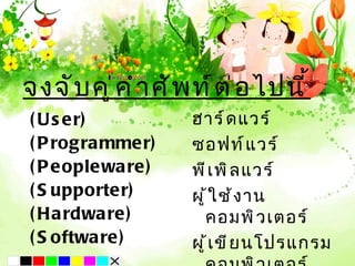 จงจั บ คู ่ ค ำ า ศั พ ท์ ต ่ อ ไปนี ้
( U s e r)            ฮาร์ ด แวร์
( P rogrammer)        ซอฟท์ แ วร์
( P eoplewa re)       พี เ พิ ล แวร์
( S upporter)         ผู ้ ใ ช้ ง าน
( Ha rdware)            คอมพิ ว เตอร์
( S oftware )         ผู ้ เ ขี ย นโปรแกรม
 