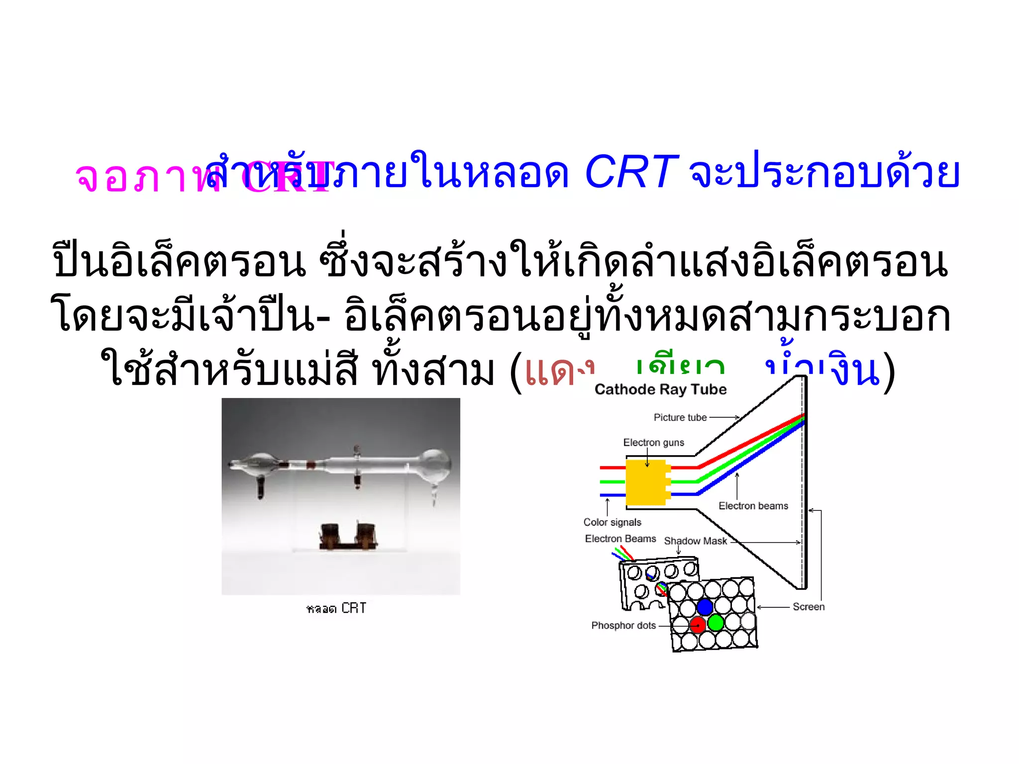 จอภาพ าหรับภายในหลอด CRT จะประกอบด้วย
     สำ CRT
ปืนอิเล็คตรอน ซึ่งจะสร้างให้เกิดลำาแสงอิเล็คตรอน
โดยจะมีเจ้าปืน- อิเล็คตรอนอยู่ทั้งหมดสามกระบอก
   ใช้สำาหรับแม่สี ทั้งสาม (แดง , เขียว , นำ้าเงิน) 
 