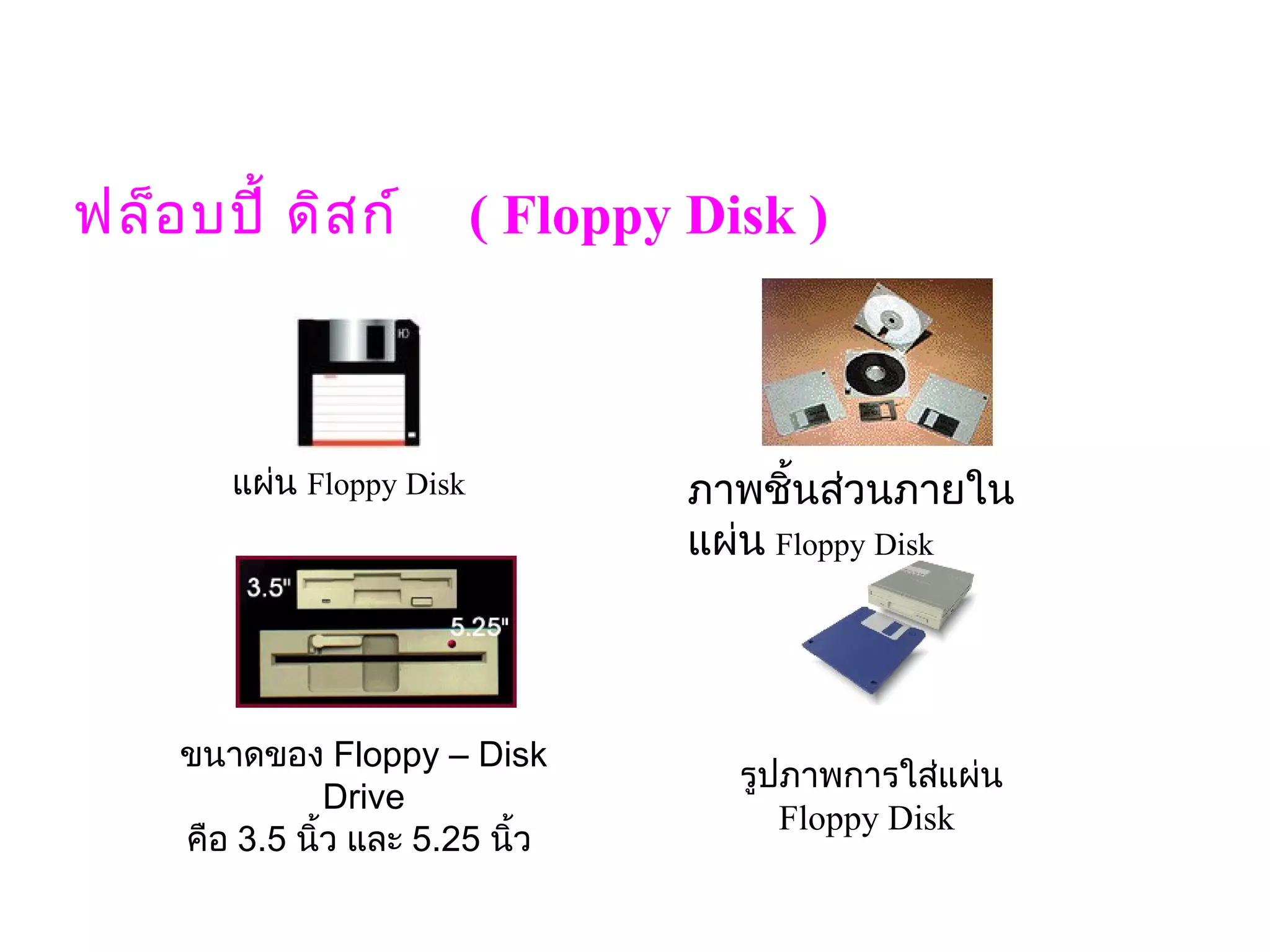 ฟล็อ บปี้ ดิส ก์    ( Floppy Disk )



       แผ่น Floppy Disk          ภาพชิ้นส่วนภายใน
                                 แผ่น Floppy Disk




    ขนาดของ Floppy – Disk 
                                   รูปภาพการใส่แผ่น
               Drive
                                      Floppy Disk 
    คือ 3.5 นิ้ว และ 5.25 นิ้ว
 