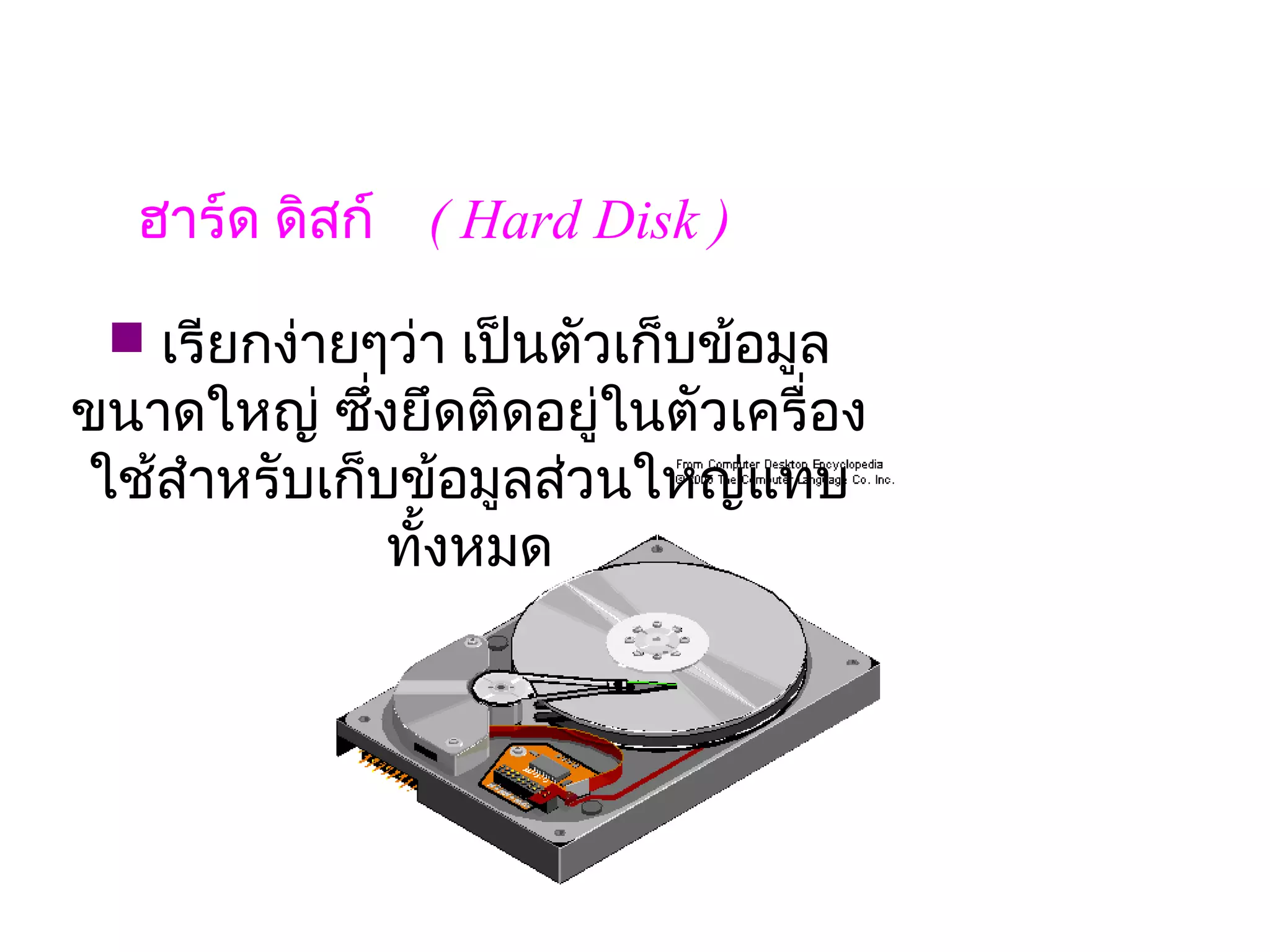 ฮาร์ด ดิสก์   ( Hard Disk )

  เรียกง่ายๆว่า เป็นตัวเก็บข้อมูล
ขนาดใหญ่ ซึ่งยึดติดอยู่ในตัวเครื่อง
ใช้สำาหรับเก็บข้อมูลส่    
                      วนใหญ่แทบ
              ทั้งหมด
 