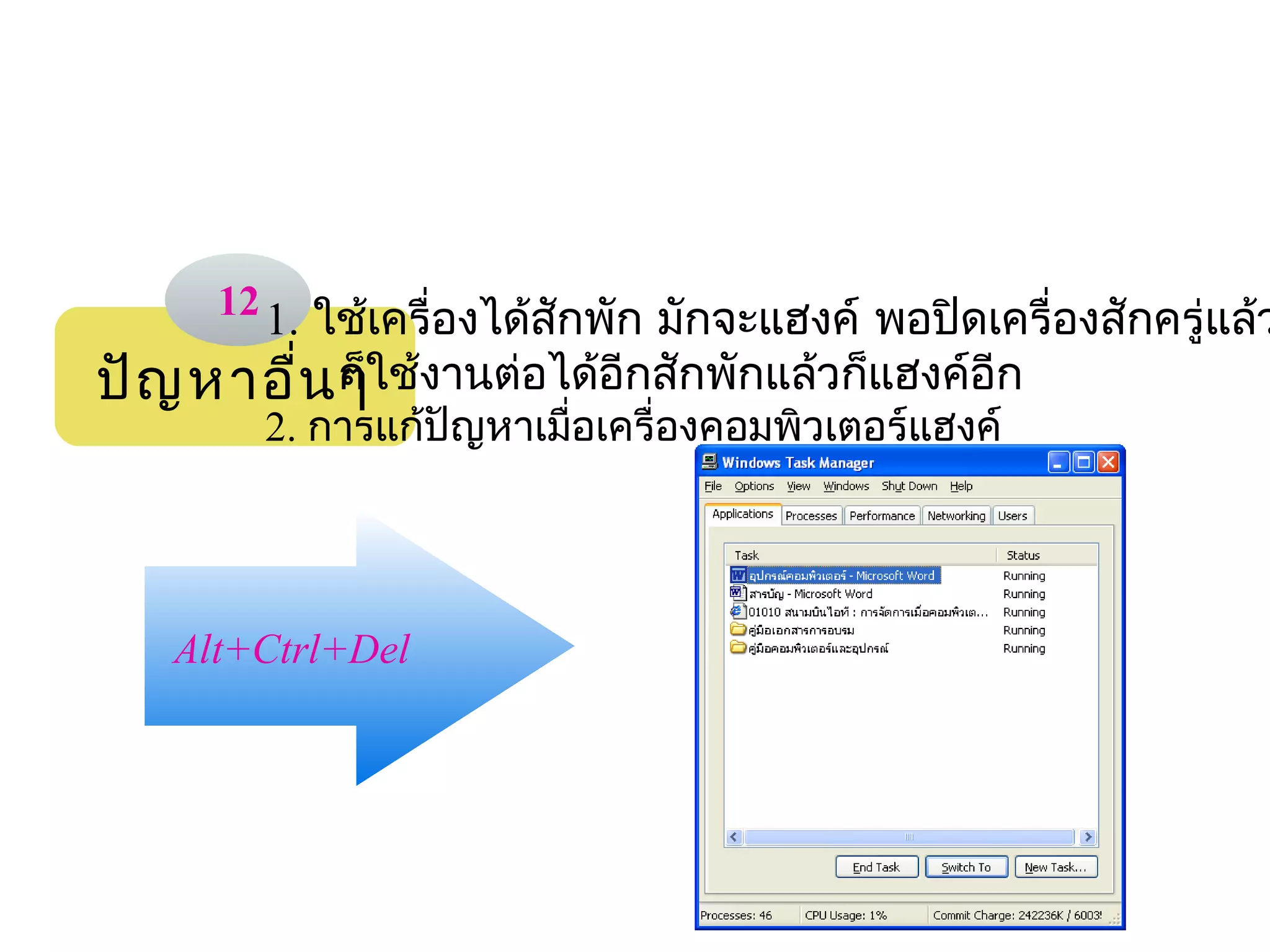 12 1. ใช้เครื่องได้สักพัก มักจะแฮงค์ พอปิดเครื่องสักครู่แล้ว
ปัญ หาอื่น ก็ใช้งานต่อได้อีกสักพักแล้วก็แฮงค์อีก
           ๆ
        2. การแก้ปัญหาเมื่อเครื่องคอมพิวเตอร์แฮงค์




   Alt+Ctrl+Del 
 