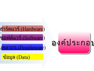 ฮาร์ดแวร์ (Hardware)
                      
ซอฟต์แวร์ (Software)
บุคลากร (Peopleware)
                         องค์ป ระกอบ
                         องค์ ระกอบ
 ข้อมูล (Data)
 