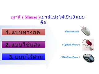 เมาส์ ( Mouse ) เมาส์แ บ่ง ได้เ ป็น 3 แบบ
                  คือ

1. แบบทางกล                      (Mechanical)




2. แบบใช้แ สง                 ( Optical Mouse )




 3. แบบไร้ส าย               ( Wireless Mouse )
 