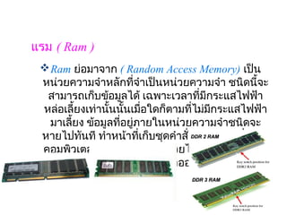 แรม ( Ram )
  Ram ย่อมาจาก ( Random Access Memory) เป็น
 หน่วยความจำาหลักที่จำาเป็นหน่วยความจำา ชนิดนีจะ้
  สามารถเก็บข้อมูลได้ เฉพาะเวลาที่มกระแสไฟฟ้า
                                       ี
                     ้      ่
 หล่อเลี้ยงเท่านั้นนันเมือใดก็ตามที่ไม่มกระแสไฟฟ้า
                                         ี
   มาเลี้ยง ข้อมูลทีอยูภายในหน่วยความจำาชนิดจะ
                    ่ ่
 หายไปทันที ทำาหน้าทีเก็บชุดคำาสั่งและข้อมูลทีระบบ
                           ่                  ่
 คอมพิวเตอร์กำาลังทำางานอยู่ด้วยไม่ว่าจะเป็นการนำา
 เข้าข้อมูล ( Input) หรือ การนำาออกข้อมูล ( Output)
 