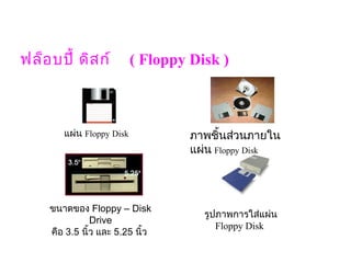 ฟล็อ บปี้ ดิส ก์    ( Floppy Disk )



       แผ่น Floppy Disk          ภาพชิ้นส่วนภายใน
                                 แผ่น Floppy Disk




    ขนาดของ Floppy – Disk 
                                   รูปภาพการใส่แผ่น
               Drive
                                      Floppy Disk 
    คือ 3.5 นิ้ว และ 5.25 นิ้ว
 