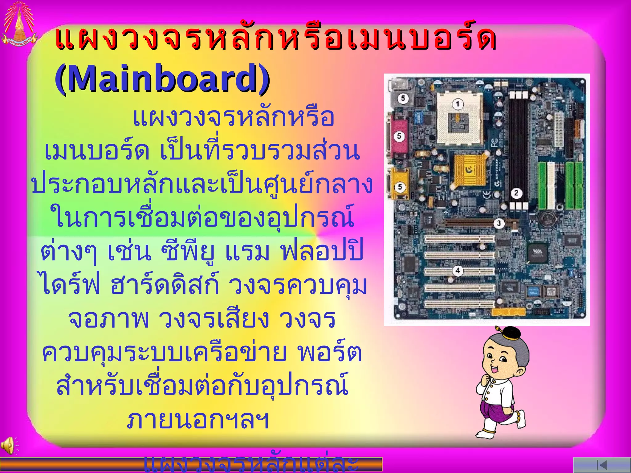 แผงวงจรหลัก หรือ เมนบอร์ด
 (Mainboard)
         แผงวงจรหลักหรือ
 เมนบอร์ด เป็นที่รวบรวมส่วน
ประกอบหลักและเป็นศูนย์กลาง
  ในการเชื่อมต่อของอุปกรณ์
 ต่างๆ เช่น ซีพียู แรม ฟลอปปิ
ไดร์ฟ ฮาร์ดดิสก์ วงจรควบคุม
    จอภาพ วงจรเสียง วงจร
 ควบคุมระบบเครือข่าย พอร์ต
  สำาหรับเชือมต่อกับอุปกรณ์
            ่
         ภายนอกฯลฯ
         แผงวงจรหลักแต่ละ
 