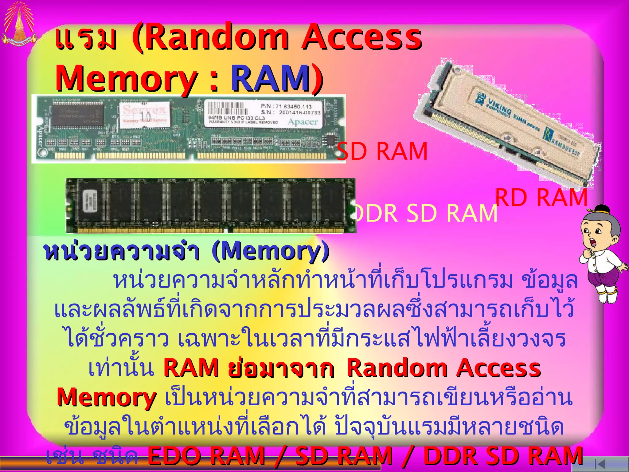 แรม (Random Access
 Memory : RAM)
                            SD RAM
                                       RD RAM
                             DDR SD RAM
หน่ว ยความจำา (Memory)
         หน่วยความจำาหลักทำาหน้าทีเก็บโปรแกรม ข้อมูล
                                  ่
 และผลลัพธ์ทเกิดจากการประมวลผลซึงสามารถเก็บไว้
               ี่                     ่
  ได้ชั่วคราว เฉพาะในเวลาทีมกระแสไฟฟ้าเลี้ยงวงจร
                             ่ ี
     เท่านั้น RAM ย่อ มาจาก Random Access
 Memory เป็นหน่วยความจำาที่สามารถเขียนหรืออ่าน
  ข้อมูลในตำาแหน่งทีเลือกได้ ปัจจุบันแรมมีหลายชนิด
                     ่
เช่น ชนิด EDO RAM / SD RAM / DDR SD RAM
 