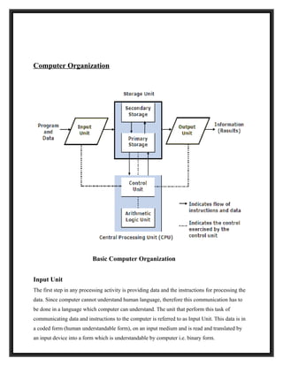 Computer Organization




                           Basic Computer Organization


Input Unit
The first step in any processing activity is providing data and the instructions for processing the
data. Since computer cannot understand human language, therefore this communication has to
be done in a language which computer can understand. The unit that perform this task of
communicating data and instructions to the computer is referred to as Input Unit. This data is in
a coded form (human understandable form), on an input medium and is read and translated by
an input device into a form which is understandable by computer i.e. binary form.
 