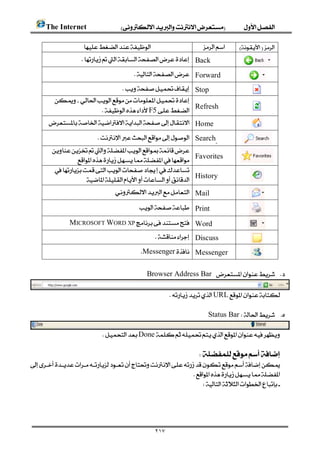        The Internet 
                                                                                                    
                                               
                       Back
                                                        Forward
                                      
                                   Stop
           
                                                           Refresh
                       F5
        Home

                                 Searchٍ
          
                 Favorites
           
                     History
                                          Mail

                                                         Print

                 MICROSOFT WORD XP Word
                                                                Discuss
                                                         Messenger Messenger

                                                              Browser Address Bar  

                                                                     URL
                                                                                                            
                                                                                  Status Bar 

                             
                            Done
                                                                                        
                                                            

                                                          
                                                             




                                                                ٢١٧
 