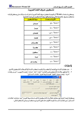 MICROSOFT WORD XP                                         
                           
 WORD
                                                                          
                    
                                    

                                     "ٌ"              "SHIFT"

                                      "ُ "             "SHIFT"

                                    "ً "             "SHIFT"

                                      "َ "             "SHIFT"

                                  "ٍ "               "SHIFT"

                                    "ِ "               "SHIFT"

                                    "ْ "                "SHIFT"

                                       "ّ "              "SHIFT"

                                  "~"                "SHIFT"

                                                                               
                                                                                  
   
‫وﻟﻐـﺎت‬‫"ﻋﺮﺑـﻰ‬"‫"ﺧﯿﺎرات‬"‫"أدوات‬ 
                            "‫اﻟﺘﺸﻜﯿﻞ‬‫"ﻋﻼﻣﺎت‬ "‫"إﻇﮫﺎر‬"‫أﺧﺮى‬




‫"ﻟـﻮن ﻣﺨﺘﻠـﻒ ﻟﻌﻼﻣـﺎت‬
     "‫اﻟﺘﺸﻜﯿﻞ‬




                                              ٥١
 