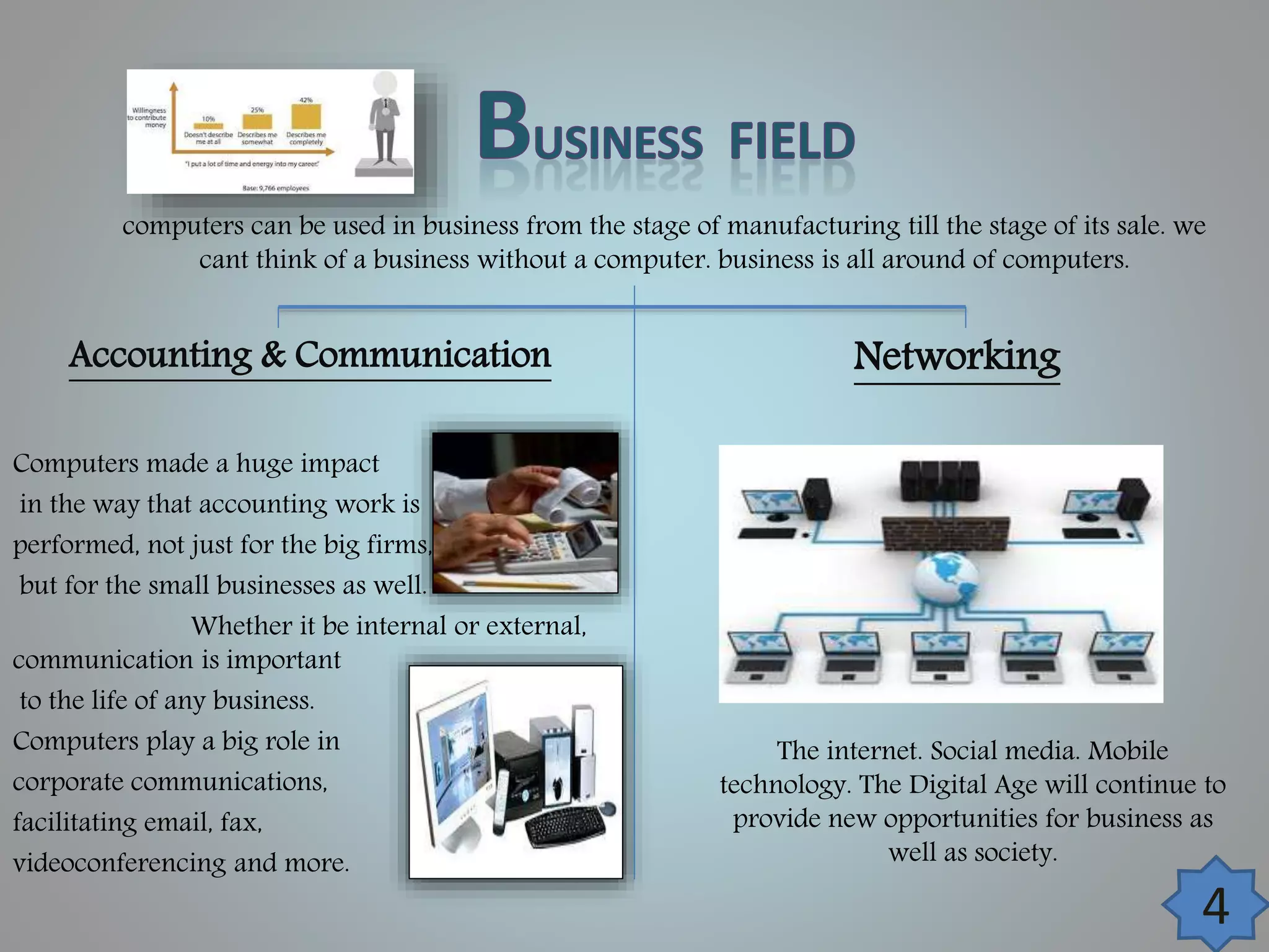 computers can be used in business from the stage of manufacturing till the stage of its sale. we
cant think of a business without a computer. business is all around of computers.

Accounting & Communication
Computers made a huge impact
in the way that accounting work is
performed, not just for the big firms,
but for the small businesses as well.
Whether it be internal or external,
communication is important
to the life of any business.
Computers play a big role in
corporate communications,
facilitating email, fax,
videoconferencing and more.

Networking

The internet. Social media. Mobile
technology. The Digital Age will continue to
provide new opportunities for business as
well as society.

4

 