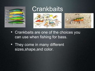 Crankbaits
• Crankbaits are one of the choices you
can use when fishing for bass.
• They come in many different
sizes,shape,and color.
 