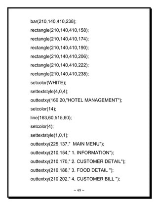~ 49 ~ 
bar(210,140,410,238); rectangle(210,140,410,158); rectangle(210,140,410,174); rectangle(210,140,410,190); rectangle(210,140,410,206); rectangle(210,140,410,222); rectangle(210,140,410,238); setcolor(WHITE); settextstyle(4,0,4); outtextxy(160,20,"HOTEL MANAGEMENT"); setcolor(14); line(163,60,515,60); setcolor(4); settextstyle(1,0,1); outtextxy(225,137," MAIN MENU"); outtextxy(210,154," 1. INFORMATION"); outtextxy(210,170," 2. CUSTOMER DETAIL"); outtextxy(210,186," 3. FOOD DETAIL "); outtextxy(210,202," 4. CUSTOMER BILL ");  