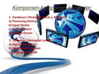 Komponen-komponen komputer
1. Hardware ( Perangkat Keras ), Meliputi:
a) Processing Device
b) Input Device
c) Output Device
d) Storage Device
2. Software ( Perangkat Lunak )
a) Operating System
b) Application Program
c) Language Program
 