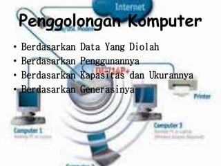 Penggolongan Komputer
• Berdasarkan Data Yang Diolah
• Berdasarkan Penggunannya
• Berdasarkan Kapasitas dan Ukurannya
• Berdasarkan Generasinya
 