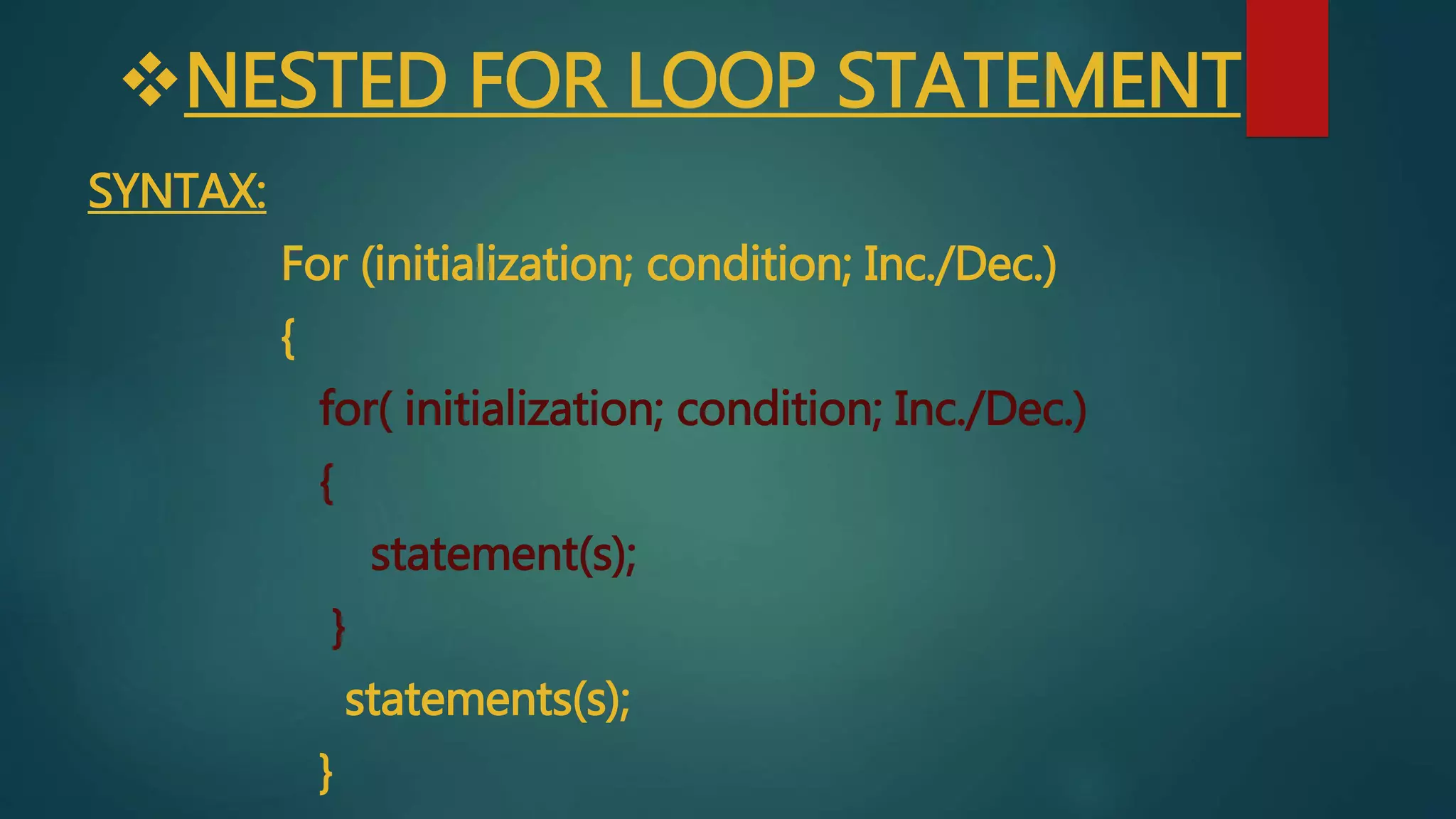 NESTED FOR LOOP STATEMENT
SYNTAX:
For (initialization; condition; Inc./Dec.)
{
for( initialization; condition; Inc./Dec.)
{
statement(s);
}
statements(s);
}
 