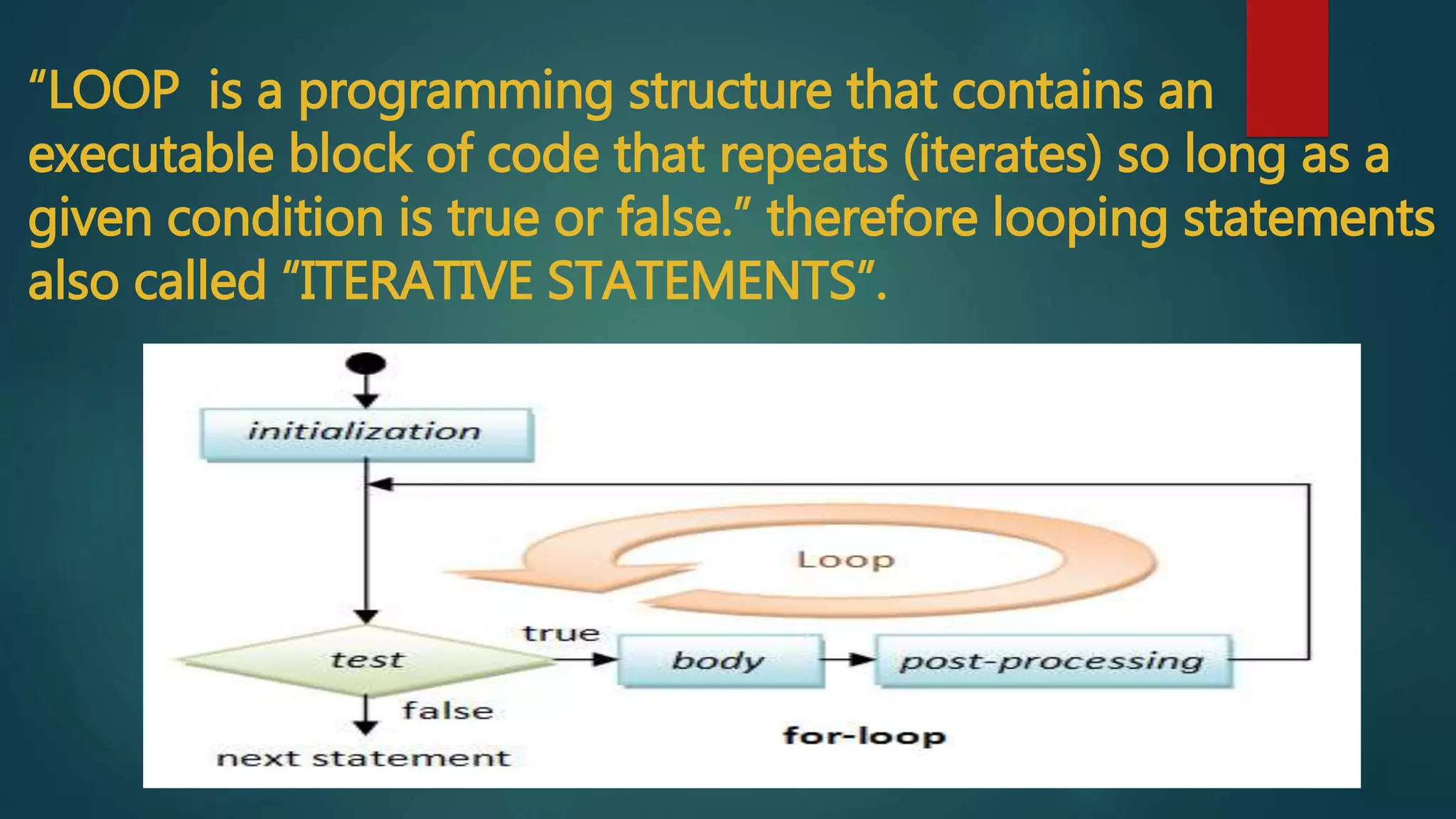 “LOOP is a programming structure that contains an
executable block of code that repeats (iterates) so long as a
given condition is true or false.” therefore looping statements
also called “ITERATIVE STATEMENTS”.
 