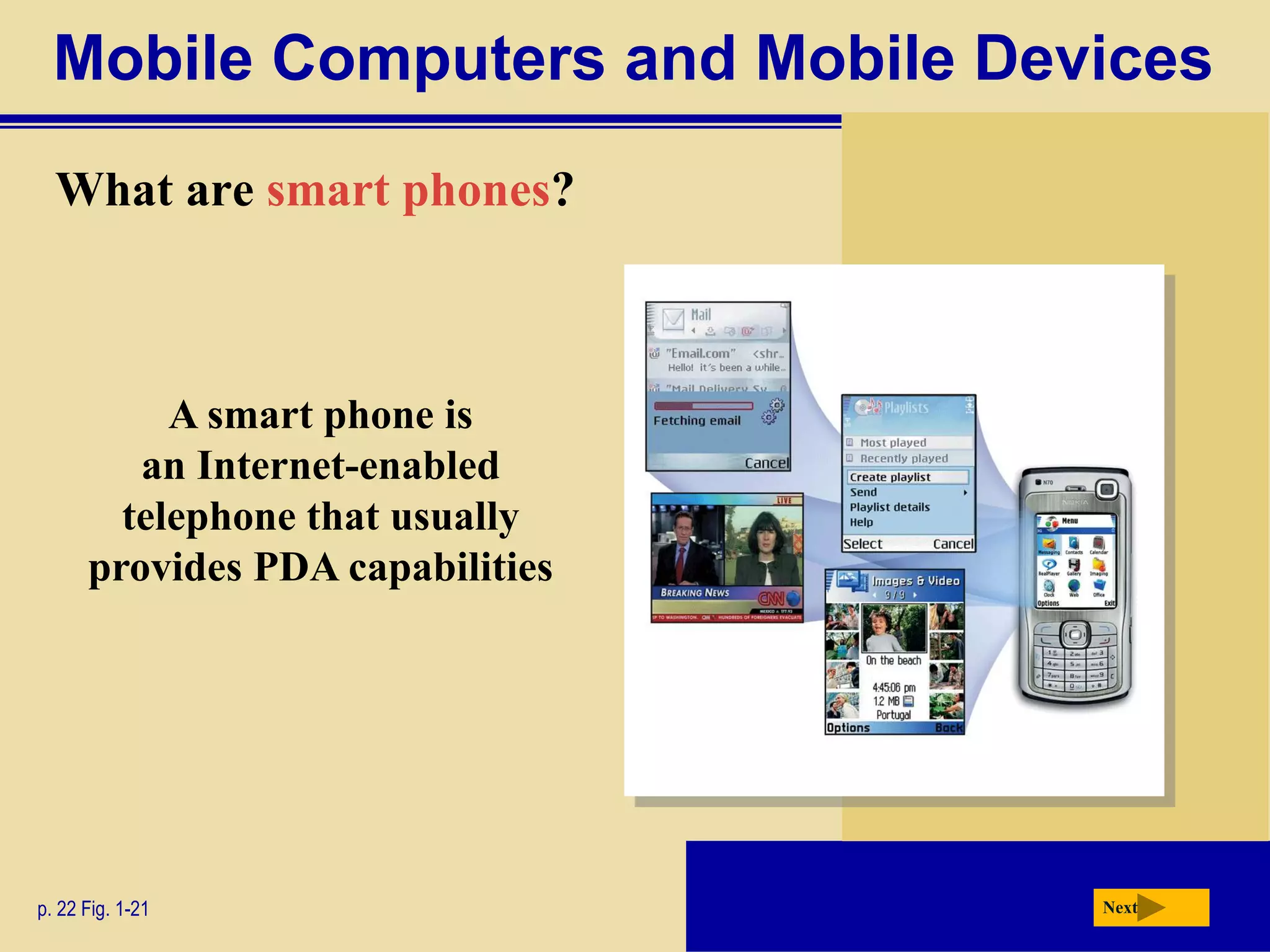 Mobile Computers and Mobile Devices
What are smart phones?
p. 22 Fig. 1-21 Next
A smart phone is
an Internet-enabled
telephone that usually
provides PDA capabilities
 