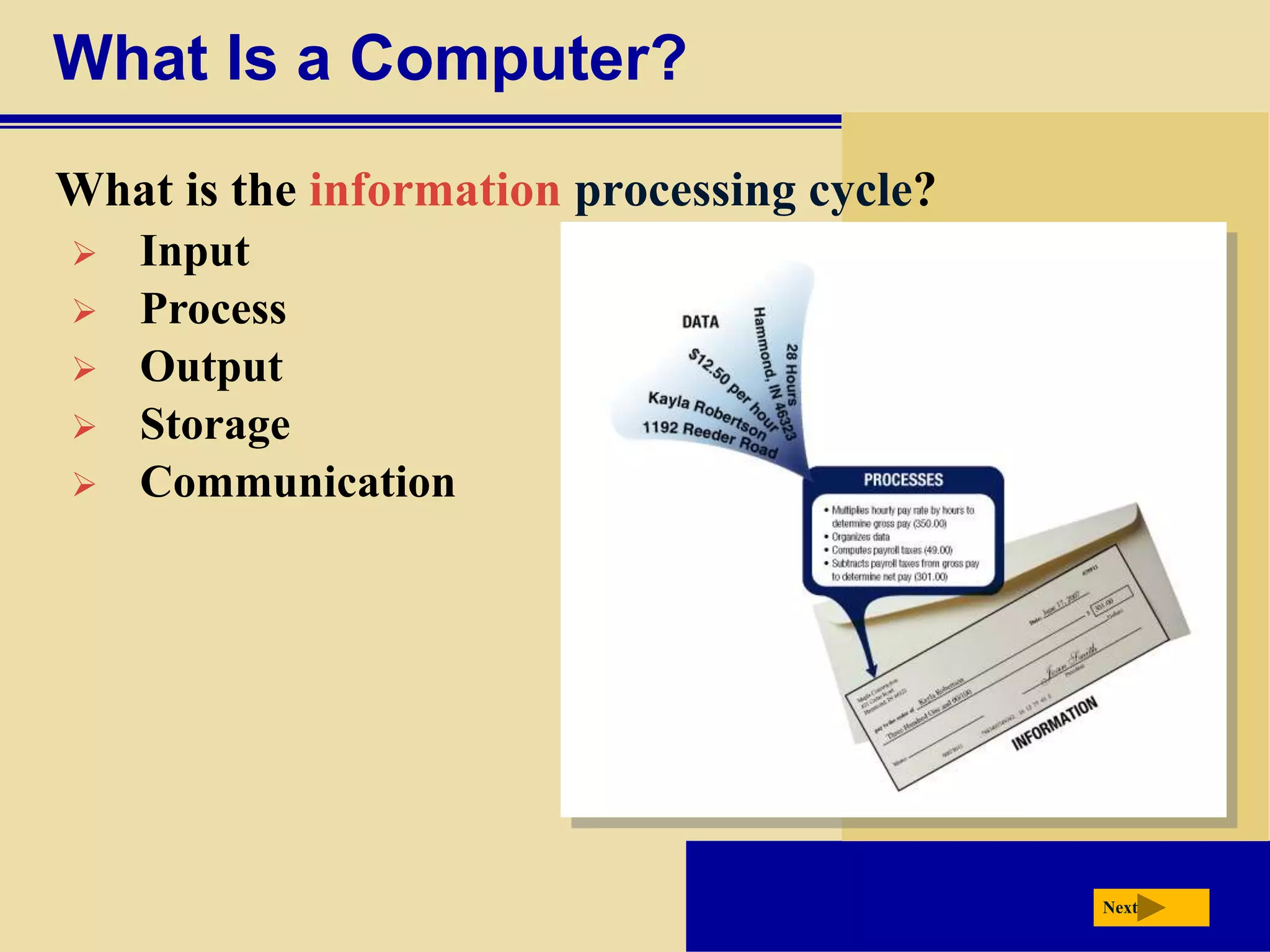 What Is a Computer?
What is the information processing cycle?
Next
 Input
 Process
 Output
 Storage
 Communication
 