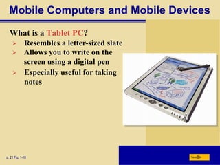 Mobile Computers and Mobile Devices
What is a Tablet PC?
p. 21 Fig. 1-18 Next
 Especially useful for taking
notes
 Resembles a letter-sized slate
 Allows you to write on the
screen using a digital pen
 