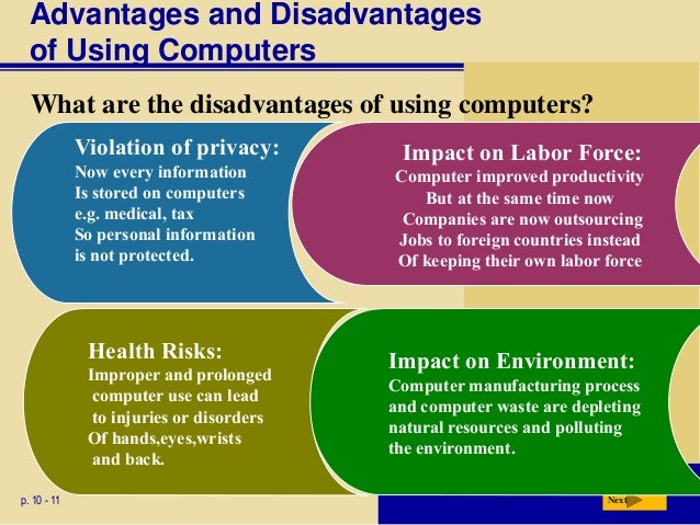 advantages and disadvantages of using computers Advantages and disadvantages advantages anyone can edit easy to use and learn the usual guidelines for healthy computer use apply. advantages and disadvantages of using computers Advantages and disadvantages advantages anyone can edit easy to use and learn the usual guidelines for healthy computer use apply.