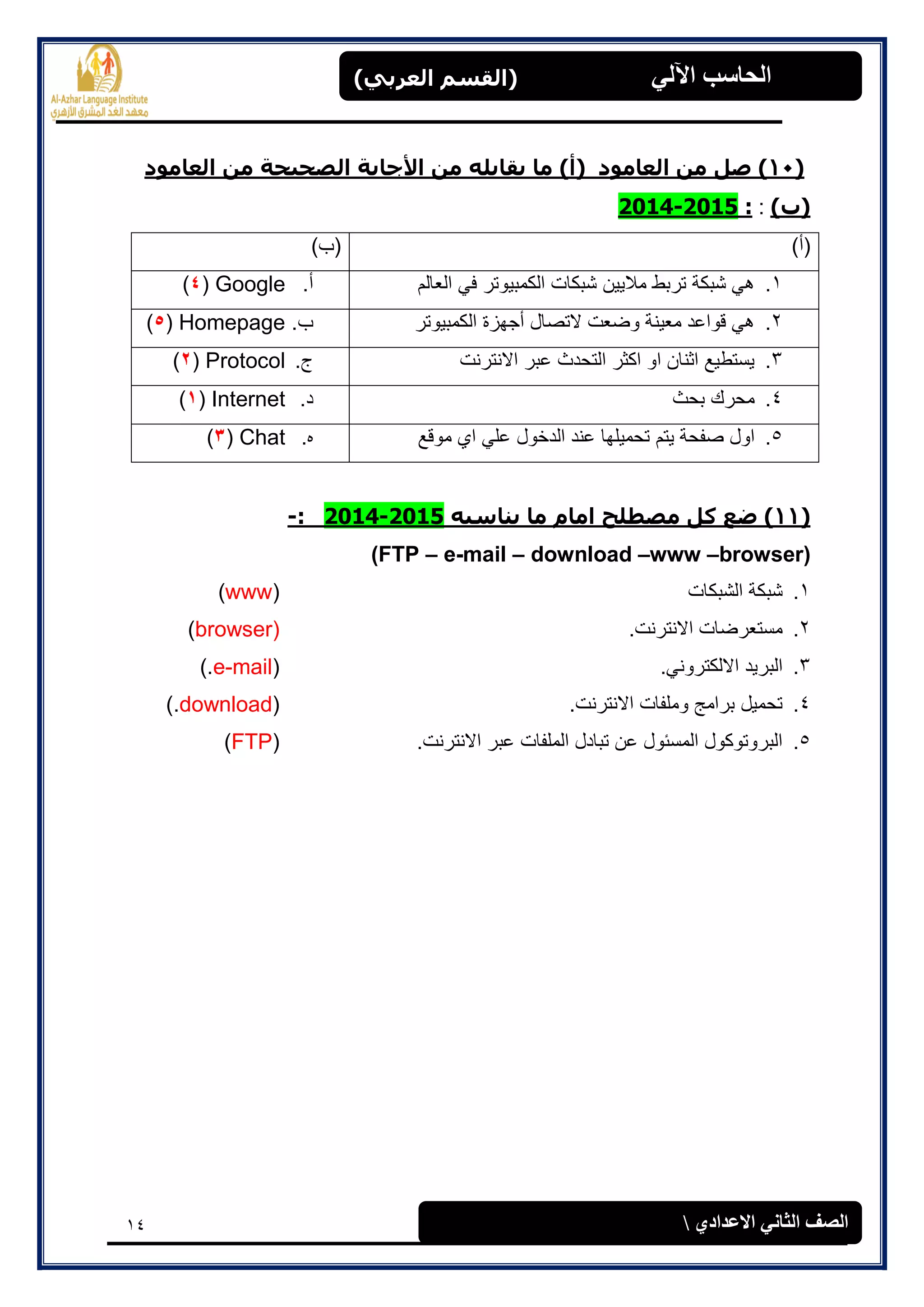 14
(‫العرتي‬ ‫)القسن‬ ‫اآللي‬ ‫الحاسة‬
‫االعدادي‬ ‫الثاوي‬ ‫الصف‬
(11‫األ‬ ‫هي‬ ‫يقاتله‬ ‫ها‬ )‫(أ‬ ‫العاهود‬ ‫هي‬ ‫صل‬ )‫العاهود‬ ‫هي‬ ‫الصحيحح‬ ‫جاتح‬
)‫(ب‬::2015-2014
)‫(أ‬)‫(ب‬
1.‫العالم‬ ً‫ف‬ ‫الكمبٌوتر‬ ‫شبكات‬ ‫مالٌٌن‬ ‫تربط‬ ‫شبكة‬ ً‫ه‬‫أ‬.Google(4)
2.‫الكمبٌوتر‬ ‫أجهزة‬ ‫التصال‬ ‫وضعت‬ ‫معٌنة‬ ‫قواعد‬ ً‫ه‬‫ب‬.Homepage(5)
3.‫االنترنت‬ ‫عبر‬ ‫التحدث‬ ‫اكثر‬ ‫او‬ ‫اثنان‬ ‫ٌستطٌع‬‫ج‬.Protocol(2)
4.‫بحث‬ ‫محرك‬‫د‬.Internet(1)
5.‫ٌتم‬ ‫صفحة‬ ‫اول‬‫موقع‬ ‫اي‬ ً‫عل‬ ‫الدخول‬ ‫عند‬ ‫تحمٌلها‬‫ه‬.Chat(3)
(11‫يٌاسثه‬ ‫ها‬ ‫اهام‬ ‫هصطلح‬ ‫كل‬ ‫ضع‬ )2015-2014:-
(FTP – e-mail – download –www –browser)
1.‫الشبكات‬ ‫شبكة‬(www)
2..‫االنترنت‬ ‫مستعرضات‬(browser)
3..ً‫االلكترون‬ ‫البرٌد‬(e-mail).
4..‫االنترنت‬ ‫وملفات‬ ‫برامج‬ ‫تحمٌل‬(download).
5..‫االنترنت‬ ‫عبر‬ ‫الملفات‬ ‫تبادل‬ ‫عن‬ ‫المسئول‬ ‫البروتوكول‬(FTP)
 
