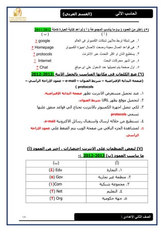 12
(‫العرتي‬ ‫)القسن‬ ‫اآللي‬ ‫الحاسة‬
‫االعدادي‬ ‫الثاوي‬ ‫الصف‬
(5):‫كاملح‬ ‫العثارج‬ ‫كراتح‬ ‫اعد‬ ‫ثم‬ ) ‫أ‬ ( ‫المجموعح‬ ‫يىاسة‬ ‫ما‬ )‫ب‬ ( ‫العمود‬ ‫مه‬ ‫اخرر‬12/201120
) ‫أ‬ () ‫ب‬ (
1.‫العالم‬ ‫فى‬ ‫الكمبٌوتر‬ ‫شبكات‬ ‫مالٌٌن‬ ‫تربط‬ ‫شبكة‬ ‫هى‬google4
2.‫الكمبٌوتر‬ ‫اجهزة‬ ‫التصال‬ ‫وضعت‬ ‫معٌنة‬ ‫اتصال‬ ‫قواعد‬ ‫هى‬Homepage5
3.‫االنترنت‬ ‫عبر‬ ‫التحدث‬ ‫اكثر‬ ‫او‬ ‫اثنان‬ ‫ٌستطٌع‬otocolspr2
4.‫البحث‬ ‫محركات‬ ‫اشهر‬ ‫من‬Internet1
5.‫موقع‬ ‫اى‬ ‫على‬ ‫الدخول‬ ‫عند‬ ‫تحمٌلها‬ ‫ٌتم‬ ‫صفحة‬ ‫اول‬Chat3
(6)‫اآلذيح‬ ‫تالجول‬ ‫الوٌاسة‬ ‫هكاًها‬ ‫فى‬ ‫الكلواخ‬ ‫ضع‬:2013-2012
‫اإلفرراضيح‬ ‫الثدايح‬ ‫(صفحح‬–‫العٌواى‬ ‫شريط‬–e-mail–‫الرأسي‬ ‫اإلزاحح‬ ‫عوود‬–
protocols)
1.‫مطزعرض‬ ‫رحمٍم‬ ‫عىذ‬‫رظهر‬ ‫االوزروذ‬‫اإلفرراضيح‬ ‫الثدايح‬ ‫صفحح‬.
2.‫ٌظهر‬ ‫مىقع‬ ‫نزحمٍم‬URL‫العٌواى‬ ‫شريط‬.
3.‫عهٍهب‬ ‫مزفق‬ ‫قىاعذ‬ ً‫ان‬ ‫رحزبج‬ ‫ثبالوزروذ‬ ‫انكمجٍىرر‬ ‫اخهسح‬ ‫رزصم‬ ً‫نك‬
ً‫رطم‬protocols
4.‫االكزرووٍخ‬ ‫رضبئم‬ ‫واضزقجبل‬ ‫ارضبل‬ ‫خالنه‬ ‫مه‬ ‫رطزطٍع‬e-mail.
5.ً‫عه‬ ‫انعغػ‬ ‫ٌزم‬ ‫انىٌت‬ ‫صفحخ‬ ‫مه‬ ً‫انجبق‬ ‫اندسء‬ ‫نمشبهذح‬‫اإلزاحح‬ ‫عوود‬
‫الرأسي‬.
(7))‫(أ‬ ‫العوود‬ ‫هي‬ ‫اخرر‬ ، ‫اخرصاراخ‬ ‫االًررًد‬ ‫على‬ ‫الوٌظواخ‬ ‫لثعض‬
)‫(ب‬ ‫العوود‬ ‫يٌاسة‬ ‫ها‬2013-2012:-
)‫(أ‬)‫(ة‬
1.‫انزدبرح‬Edu(4)
2.‫ردبرٌخ‬ ‫غٍر‬ ‫مىظمخ‬Gov(5)
3.‫شجكٍخ‬ ‫مدمىعخ‬Com(1)
4.‫انزعهٍم‬Net(3)
5.‫حكىمٍخ‬ ‫خهخ‬Org(2)
 