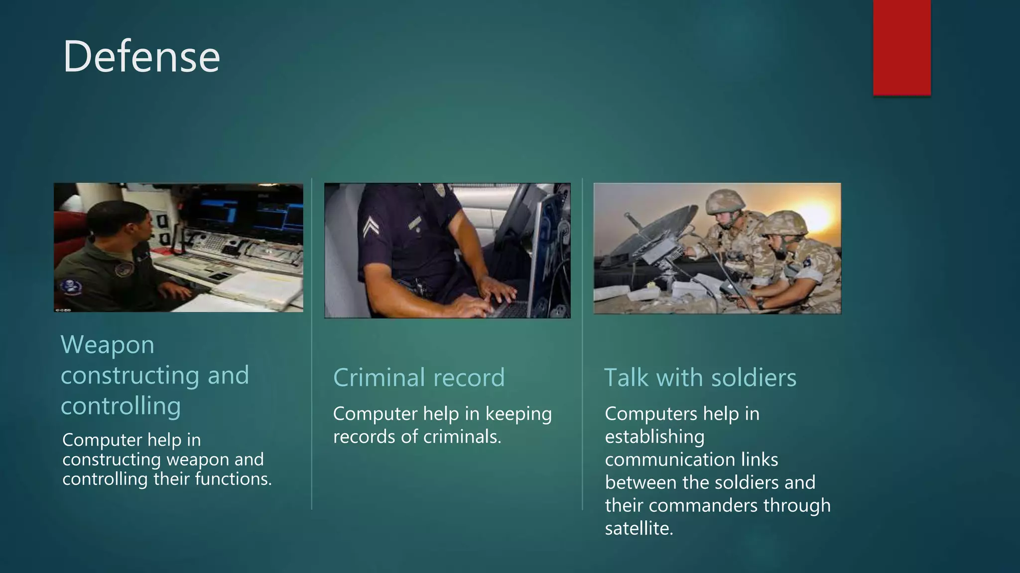 Defense
Weapon
constructing and
controlling
Computer help in
constructing weapon and
controlling their functions.
Criminal record
Computer help in keeping
records of criminals.
Talk with soldiers
Computers help in
establishing
communication links
between the soldiers and
their commanders through
satellite.
 