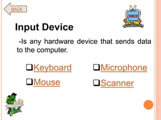 -Is any hardware device that sends data
to the computer.
Input Device
MicrophoneKeyboard
Mouse Scanner
BACK
 