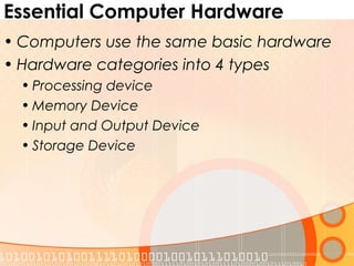 Essential Computer Hardware
• Computers use the same basic hardware
• Hardware categories into 4 types
• Processing device
• Memory Device
• Input and Output Device
• Storage Device
 