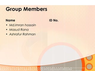 Group Members
Name
• Md.Imran hossain
• Masud Rana
• Ashrafur Rahman
ID No.
 