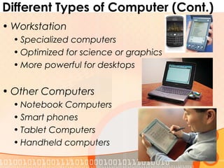 Different Types of Computer (Cont.)
• Workstation
• Specialized computers
• Optimized for science or graphics
• More powerful for desktops
• Other Computers
• Notebook Computers
• Smart phones
• Tablet Computers
• Handheld computers
 