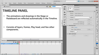TIMELINE PANEL
• The animations and drawings in the Stage or
Pasteboard are reflected automatically in the Timeline.
• Consists of layers, frames, Play head, and few other
components.
 