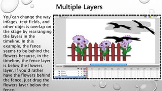 Multiple Layers
You can change the way
images, text fields, and
other objects overlap on
the stage by rearranging
the layers in the
timeline. In this
example, the fence
seems to be behind the
flowers because, in the
timeline, the fence layer
is below the flowers
layer. If you’d rather
have the flowers behind
the fence, just drag the
flowers layer below the
 