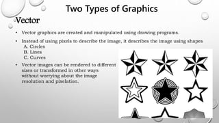 Two Types of Graphics
Vector
• Vector graphics are created and manipulated using drawing programs.
• Instead of using pixels to describe the image, it describes the image using shapes
A. Circles
B. Lines
C. Curves
• Vector images can be rendered to different
sizes or transformed in other ways
without worrying about the image
resolution and pixelation.
 