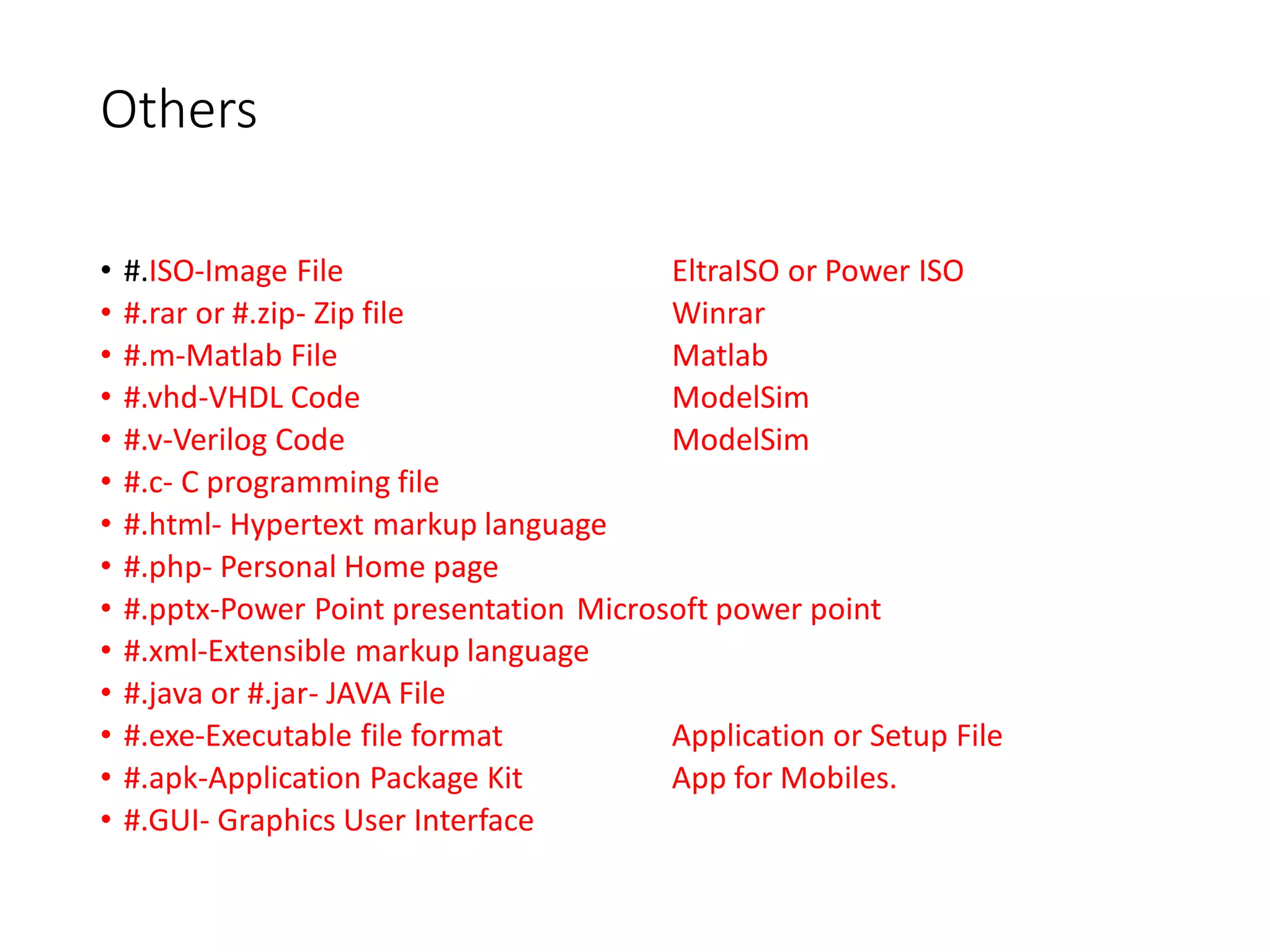 Others
• #.ISO-Image File EltraISO or Power ISO
• #.rar or #.zip- Zip file Winrar
• #.m-Matlab File Matlab
• #.vhd-VHDL Code ModelSim
• #.v-Verilog Code ModelSim
• #.c- C programming file
• #.html- Hypertext markup language
• #.php- Personal Home page
• #.pptx-Power Point presentation Microsoft power point
• #.xml-Extensible markup language
• #.java or #.jar- JAVA File
• #.exe-Executable file format Application or Setup File
• #.apk-Application Package Kit App for Mobiles.
• #.GUI- Graphics User Interface
 