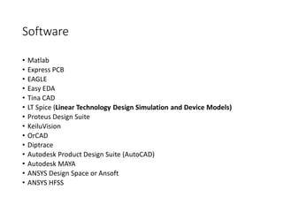 Software
• Matlab
• Express PCB
• EAGLE
• Easy EDA
• Tina CAD
• LT Spice (Linear Technology Design Simulation and Device Models)
• Proteus Design Suite
• KeiluVision
• OrCAD
• Diptrace
• Autodesk Product Design Suite (AutoCAD)
• Autodesk MAYA
• ANSYS Design Space or Ansoft
• ANSYS HFSS
 