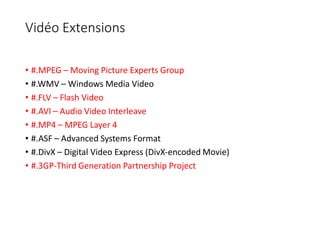 Vidéo Extensions
• #.MPEG – Moving Picture Experts Group
• #.WMV – Windows Media Video
• #.FLV – Flash Video
• #.AVI – Audio Video Interleave
• #.MP4 – MPEG Layer 4
• #.ASF – Advanced Systems Format
• #.DivX – Digital Video Express (DivX-encoded Movie)
• #.3GP-Third Generation Partnership Project
 