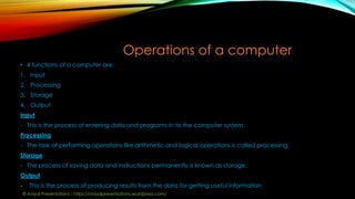 Operations of a computer
• 4 functions of a computer are:
1. Input
2. Processing
3. Storage
4. Output
Input
- This is the process of entering data and programs in to the computer system.
Processing
- The task of performing operations like arithmetic and logical operations is called processing.
Storage
- The process of saving data and instructions permanently is known as storage.
Output
- This is the process of producing results from the data for getting useful information.
© Aviyal Presentations : https://aviyalpresentations.wordpress.com/
 