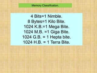 Memory Classification. 
4 Bits=1 Nimble. 
8 Bytes=1 Kilo Bite. 
1024 K.B.=1 Mega Bite. 
1024 M.B. =1 Giga Bite. 
1024 G.B. = 1 Hepta bite. 
1024 H.B. = 1 Terra Bite. 
 